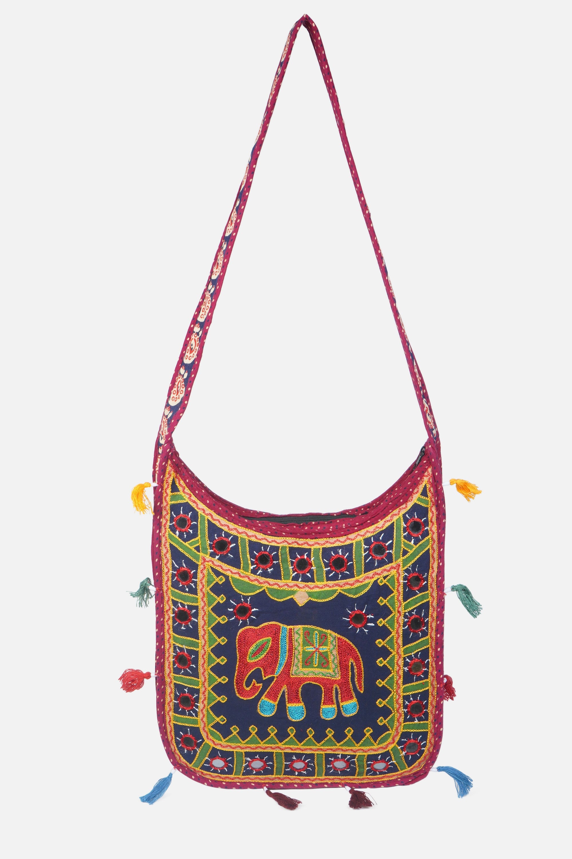 Banjara India Elephant Design Kutchi Mirrorwork Hand Embroidered Shoulder Bag (BAG-BlueMaroon)