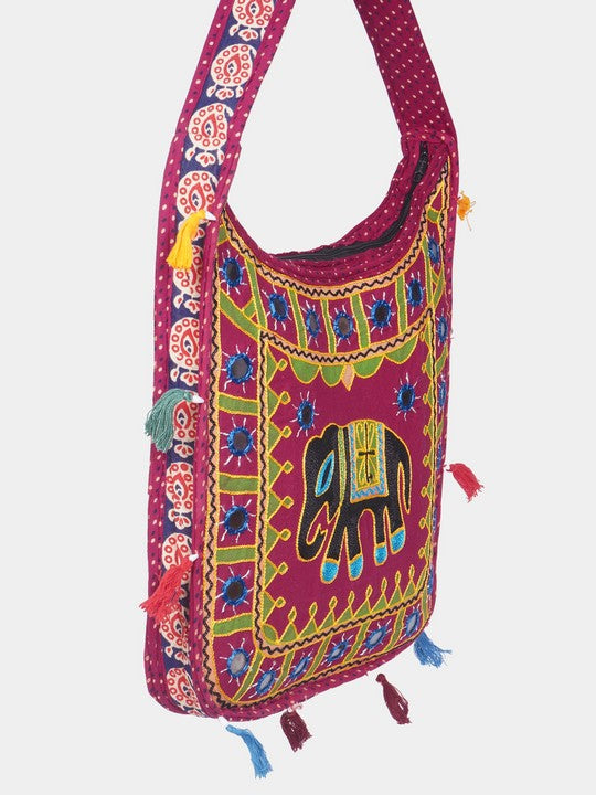 Banjara India Elephant Design Kutchi Mirrorwork Hand Embroidered Shoulder Bag (BAG-MaroonMaroon)