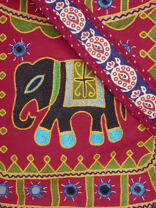 Banjara India Elephant Design Kutchi Mirrorwork Hand Embroidered Shoulder Bag (BAG-MaroonMaroon)
