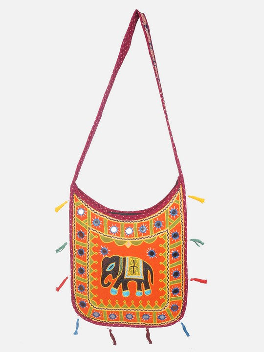 Banjara India Elephant Design Kutchi Mirrorwork Hand Embroidered Shoulder Bag (BAG-MaroonOrange)