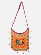 Banjara India Elephant Design Kutchi Mirrorwork Hand Embroidered Shoulder Bag (BAG-MaroonOrange)