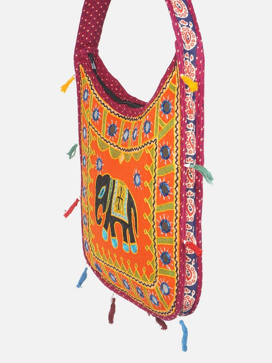 Banjara India Elephant Design Kutchi Mirrorwork Hand Embroidered Shoulder Bag (BAG-MaroonOrange)