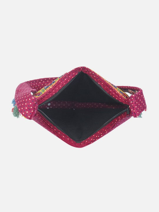 Banjara India Elephant Design Kutchi Mirrorwork Hand Embroidered Shoulder Bag (BAG-MaroonRed)