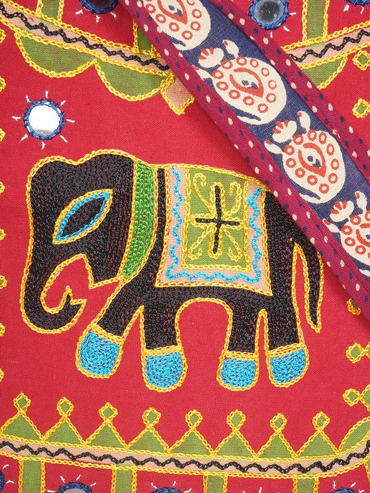 Banjara India Elephant Design Kutchi Mirrorwork Hand Embroidered Shoulder Bag (BAG-MaroonRed)