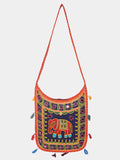 Banjara India Elephant Design Kutchi Mirrorwork Hand Embroidered Shoulder Bag (BAG-OrangeBlue)