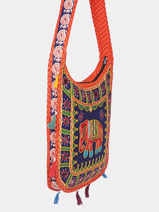 Banjara India Elephant Design Kutchi Mirrorwork Hand Embroidered Shoulder Bag (BAG-OrangeBlue)