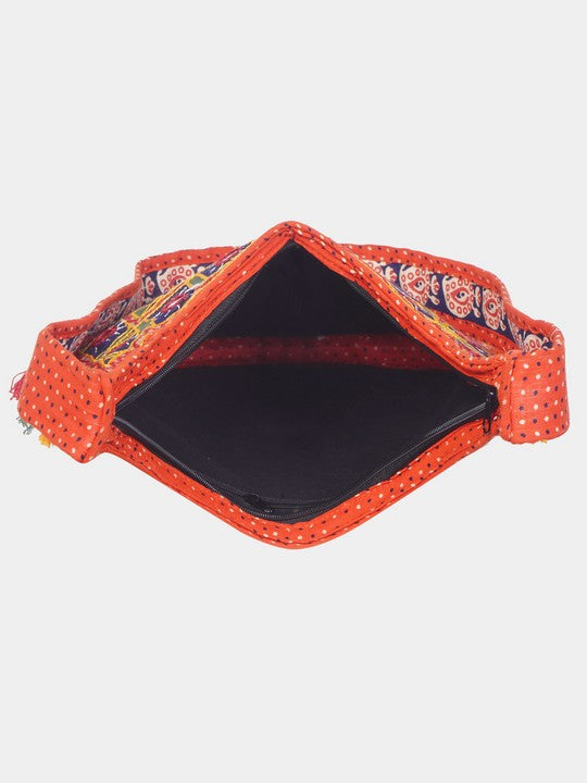 Banjara India Elephant Design Kutchi Mirrorwork Hand Embroidered Shoulder Bag (BAG-OrangeBlue)