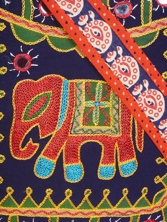 Banjara India Elephant Design Kutchi Mirrorwork Hand Embroidered Shoulder Bag (BAG-OrangeBlue)