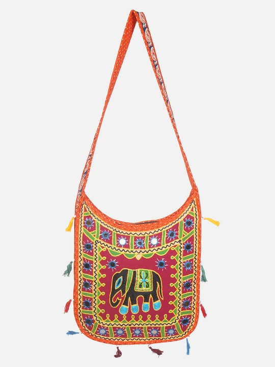 Banjara India Elephant Design Kutchi Mirrorwork Hand Embroidered Shoulder Bag (BAG-OrangeMaroon)