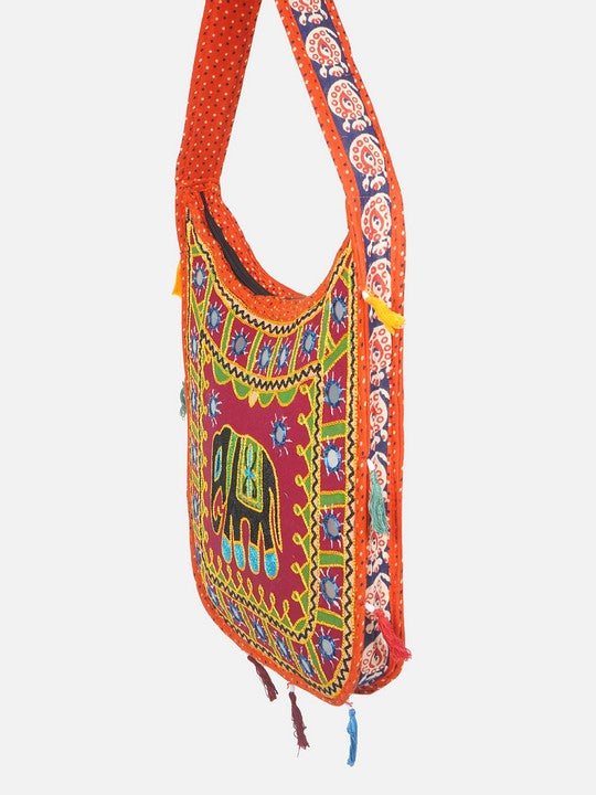 Banjara India Elephant Design Kutchi Mirrorwork Hand Embroidered Shoulder Bag (BAG-OrangeMaroon)