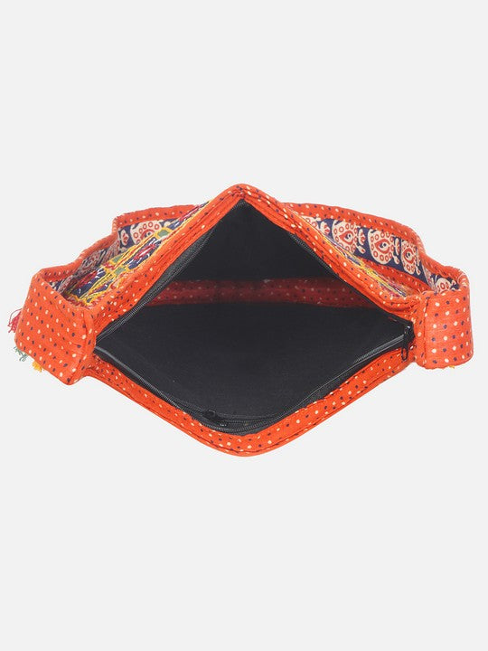 Banjara India Elephant Design Kutchi Mirrorwork Hand Embroidered Shoulder Bag (BAG-OrangeMaroon)