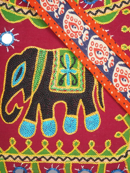 Banjara India Elephant Design Kutchi Mirrorwork Hand Embroidered Shoulder Bag (BAG-OrangeMaroon)