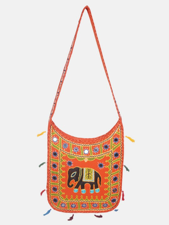 Banjara India Elephant Design Kutchi Mirrorwork Hand Embroidered Shoulder Bag (BAG-OrangeOrange)