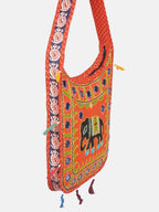Banjara India Elephant Design Kutchi Mirrorwork Hand Embroidered Shoulder Bag (BAG-OrangeOrange)