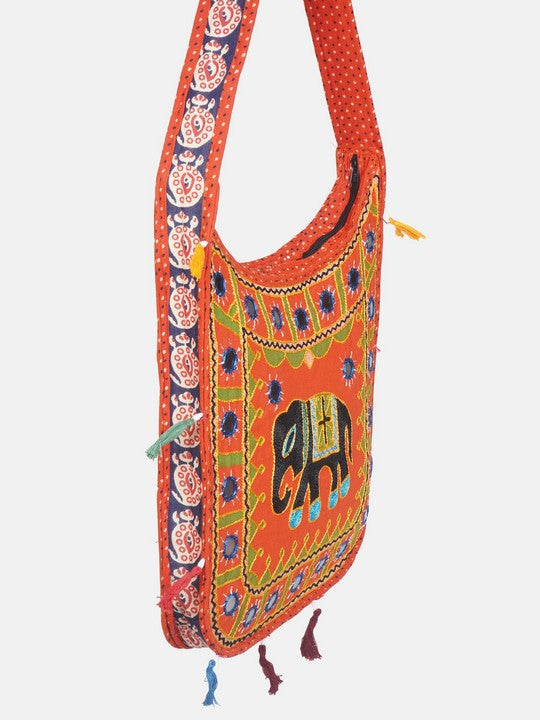 Banjara India Elephant Design Kutchi Mirrorwork Hand Embroidered Shoulder Bag (BAG-OrangeOrange)
