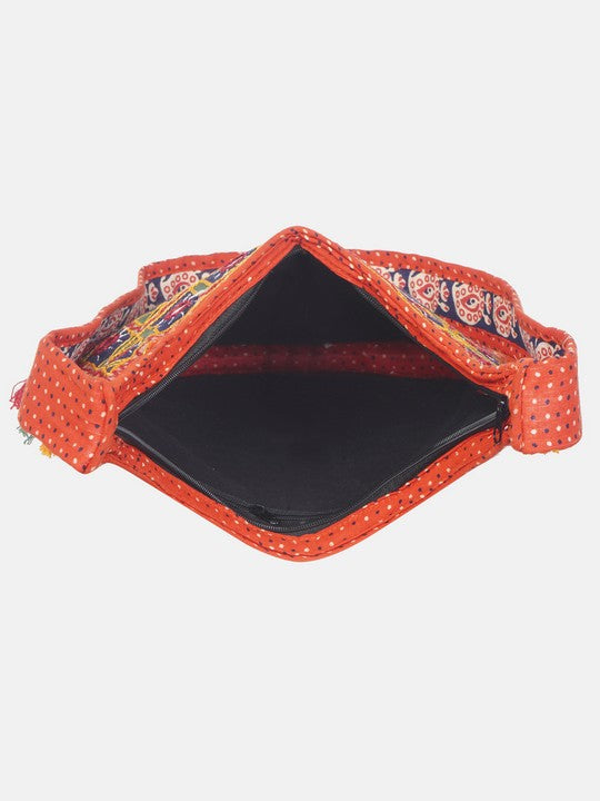 Banjara India Elephant Design Kutchi Mirrorwork Hand Embroidered Shoulder Bag (BAG-OrangeOrange)