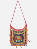 Banjara India Elephant Design Kutchi Mirrorwork Hand Embroidered Shoulder Bag (BAG-RedBlue)