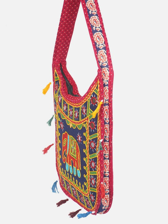 Banjara India Elephant Design Kutchi Mirrorwork Hand Embroidered Shoulder Bag (BAG-RedBlue)
