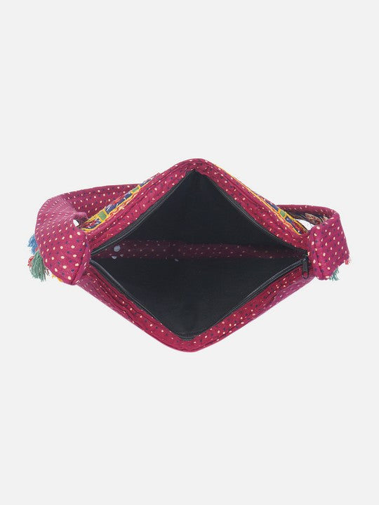 Banjara India Elephant Design Kutchi Mirrorwork Hand Embroidered Shoulder Bag (BAG-RedBlue)