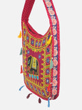 Banjara India Elephant Design Kutchi Mirrorwork Hand Embroidered Shoulder Bag (BAG-RedMaroon)