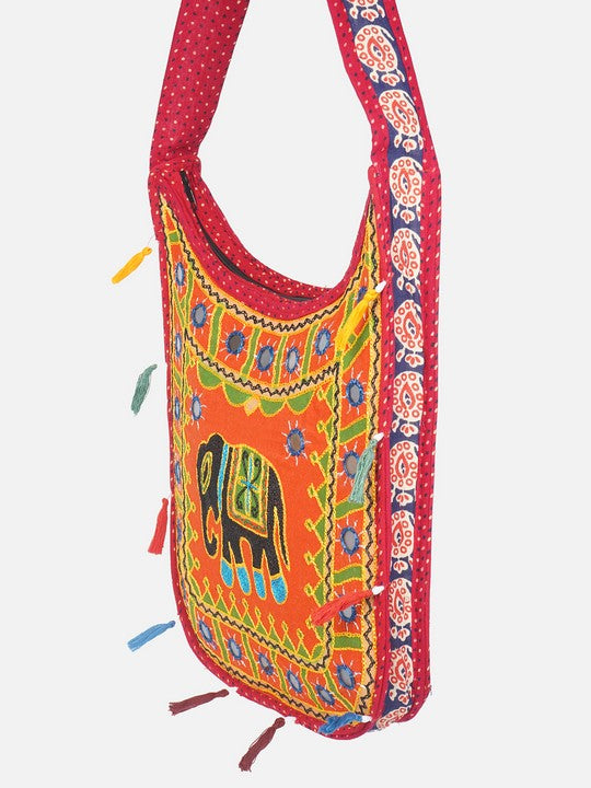 Banjara India Elephant Design Kutchi Mirrorwork Hand Embroidered Shoulder Bag (BAG-RedOrange)