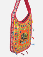 Banjara India Elephant Design Kutchi Mirrorwork Hand Embroidered Shoulder Bag (BAG-RedOrange)