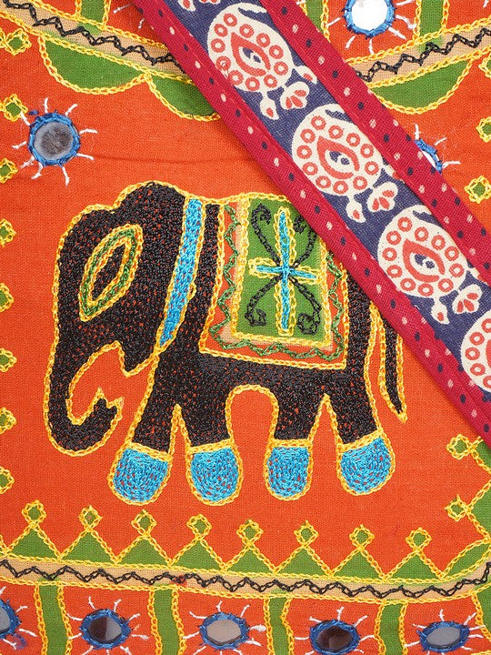 Banjara India Elephant Design Kutchi Mirrorwork Hand Embroidered Shoulder Bag (BAG-RedOrange)