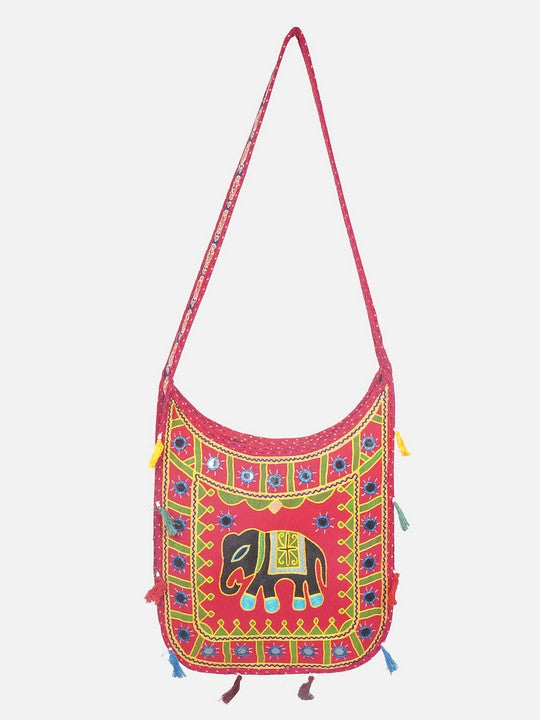 Banjara India Elephant Design Kutchi Mirrorwork Hand Embroidered Shoulder Bag (BAG-RedRed)