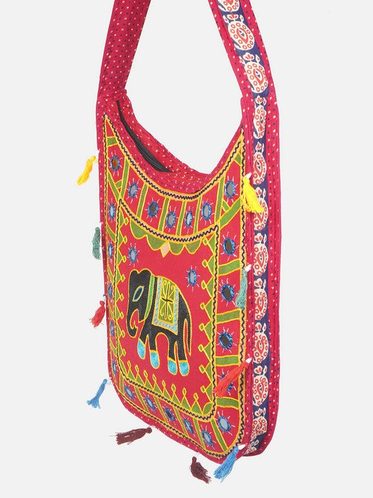 Banjara India Elephant Design Kutchi Mirrorwork Hand Embroidered Shoulder Bag (BAG-RedRed)