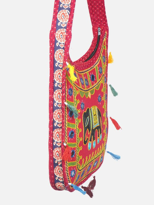 Banjara India Elephant Design Kutchi Mirrorwork Hand Embroidered Shoulder Bag (BAG-RedRed)