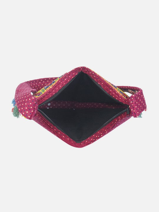 Banjara India Elephant Design Kutchi Mirrorwork Hand Embroidered Shoulder Bag (BAG-RedRed)