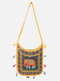 Banjara India Elephant Design Kutchi Mirrorwork Hand Embroidered Shoulder Bag (BAG-YellowBlue)