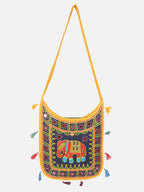 Banjara India Elephant Design Kutchi Mirrorwork Hand Embroidered Shoulder Bag (BAG-YellowBlue)