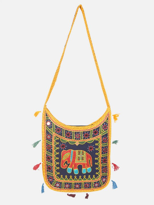 Banjara India Elephant Design Kutchi Mirrorwork Hand Embroidered Shoulder Bag (BAG-YellowBlue)