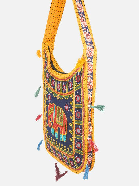 Banjara India Elephant Design Kutchi Mirrorwork Hand Embroidered Shoulder Bag (BAG-YellowBlue)