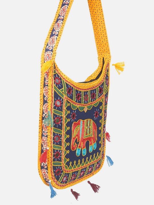 Banjara India Elephant Design Kutchi Mirrorwork Hand Embroidered Shoulder Bag (BAG-YellowBlue)