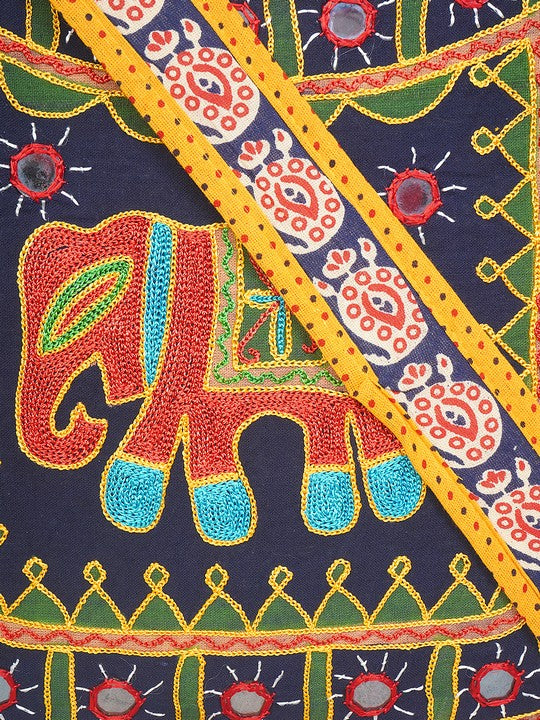Banjara India Elephant Design Kutchi Mirrorwork Hand Embroidered Shoulder Bag (BAG-YellowBlue)