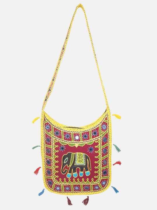 Banjara India Elephant Design Kutchi Mirrorwork Hand Embroidered Shoulder Bag (BAG-YellowMaroon)