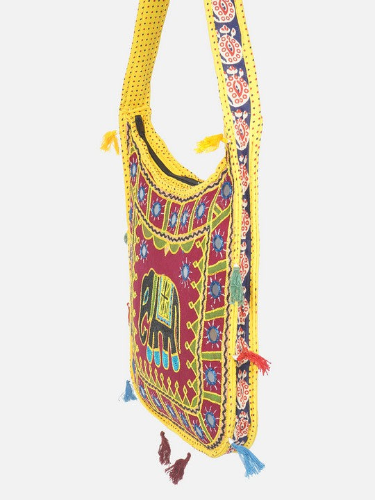 Banjara India Elephant Design Kutchi Mirrorwork Hand Embroidered Shoulder Bag (BAG-YellowMaroon)