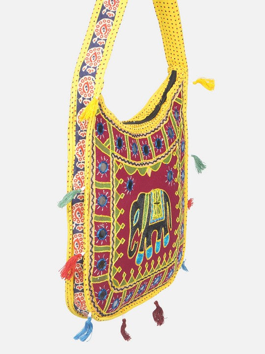 Banjara India Elephant Design Kutchi Mirrorwork Hand Embroidered Shoulder Bag (BAG-YellowMaroon)
