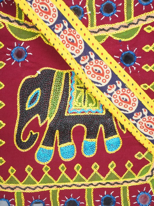 Banjara India Elephant Design Kutchi Mirrorwork Hand Embroidered Shoulder Bag (BAG-YellowMaroon)
