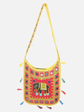 Banjara India Elephant Design Kutchi Mirrorwork Hand Embroidered Shoulder Bag (BAG-YellowRed)
