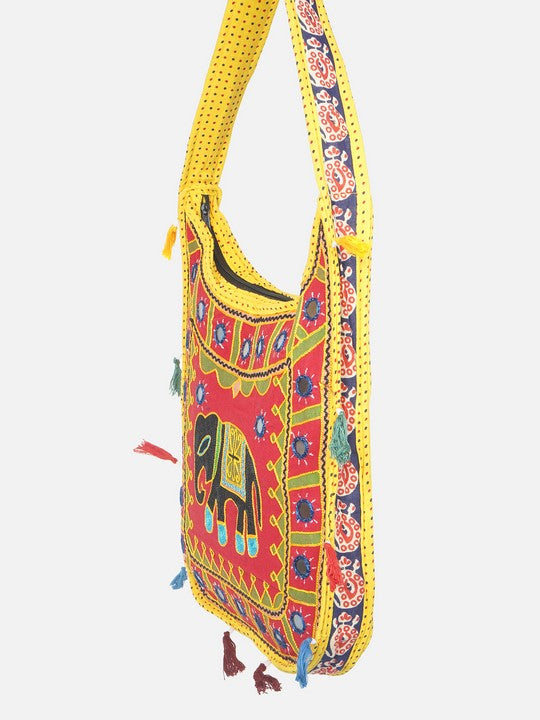 Banjara India Elephant Design Kutchi Mirrorwork Hand Embroidered Shoulder Bag (BAG-YellowRed)