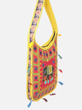 Banjara India Elephant Design Kutchi Mirrorwork Hand Embroidered Shoulder Bag (BAG-YellowRed)