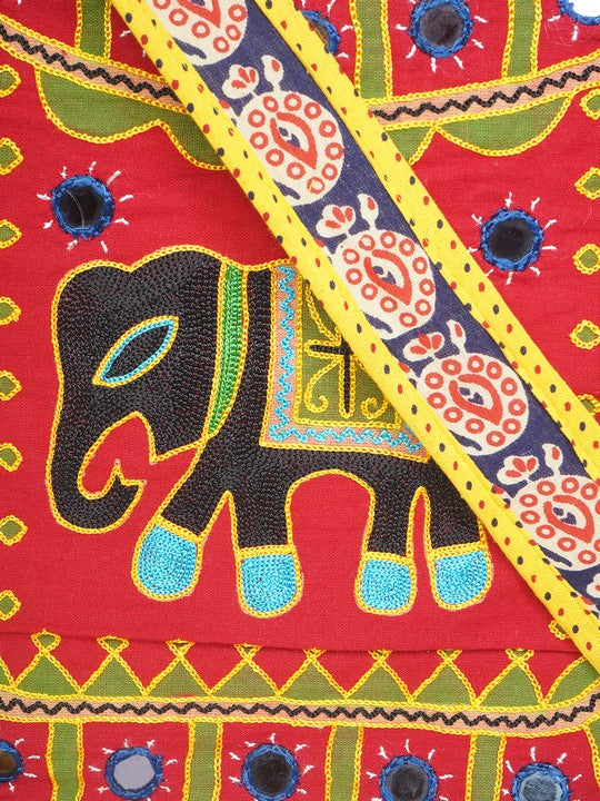 Banjara India Elephant Design Kutchi Mirrorwork Hand Embroidered Shoulder Bag (BAG-YellowRed)