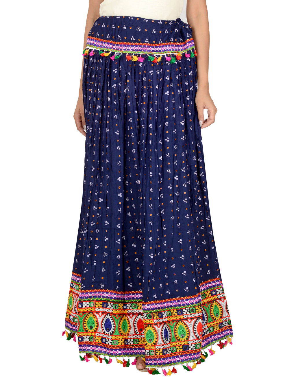 Bandhani Print & Kutchi Embroidered Border Rayon Skirt/Chaniya - BandhaniSkirt-NavyBlue