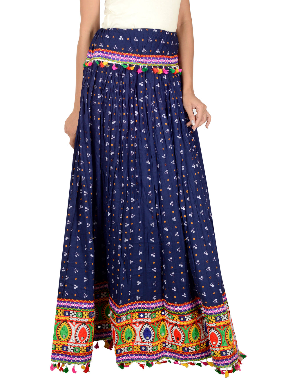Bandhani Print & Kutchi Embroidered Border Rayon Skirt/Chaniya - BandhaniSkirt-NavyBlue