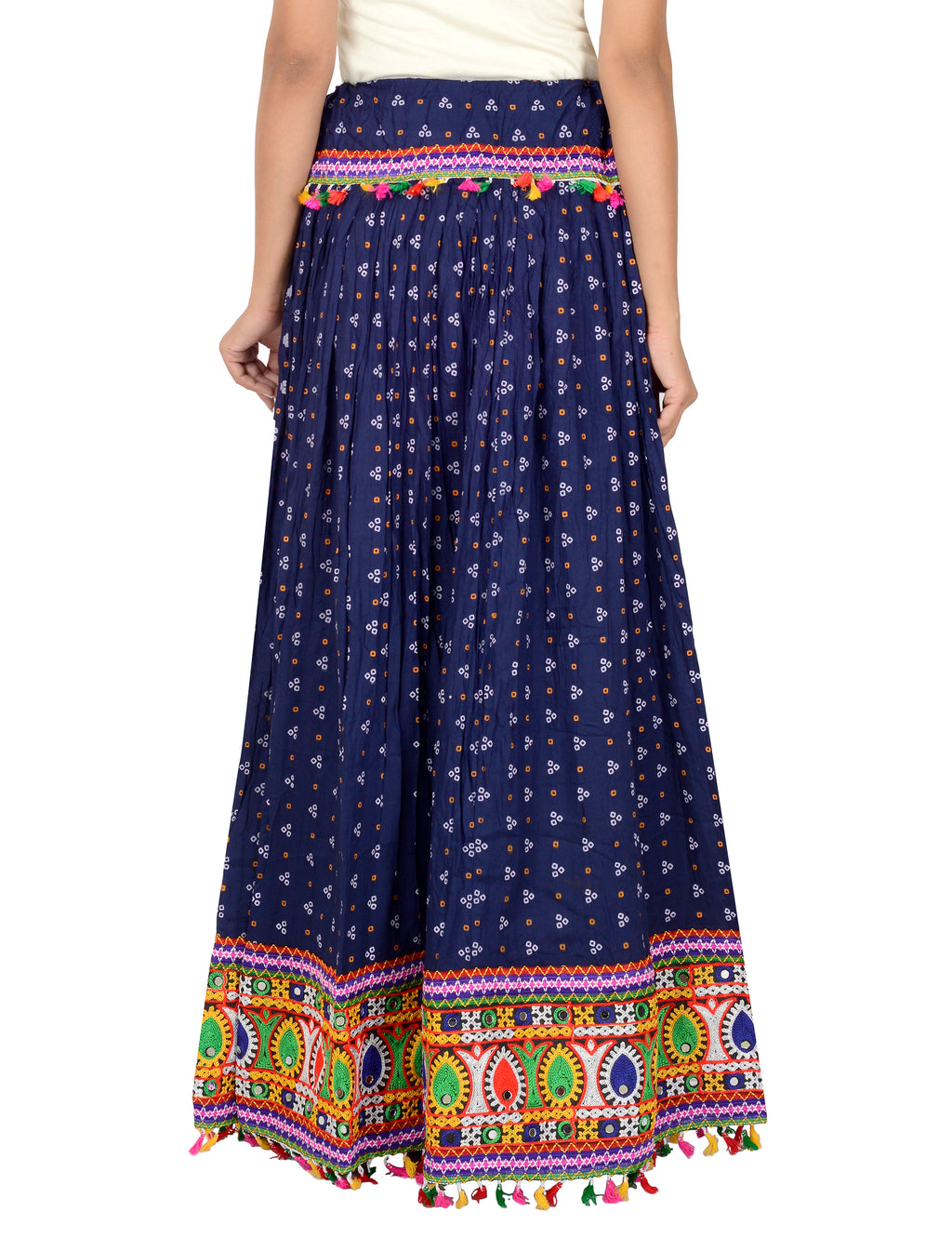 Bandhani Print & Kutchi Embroidered Border Rayon Skirt/Chaniya - BandhaniSkirt-NavyBlue