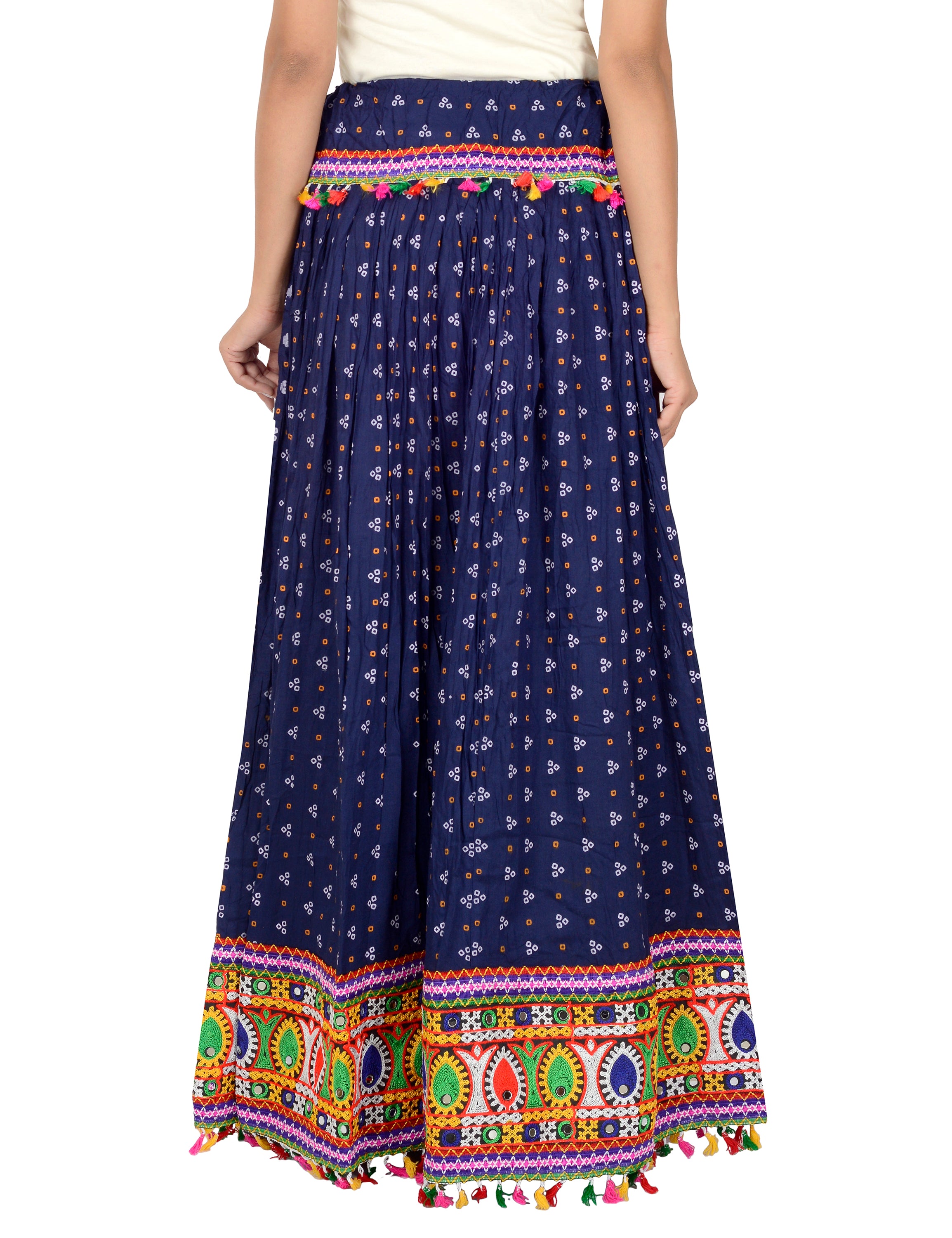 Bandhani Print & Kutchi Embroidered Border Rayon Skirt/Chaniya - BandhaniSkirt-NavyBlue