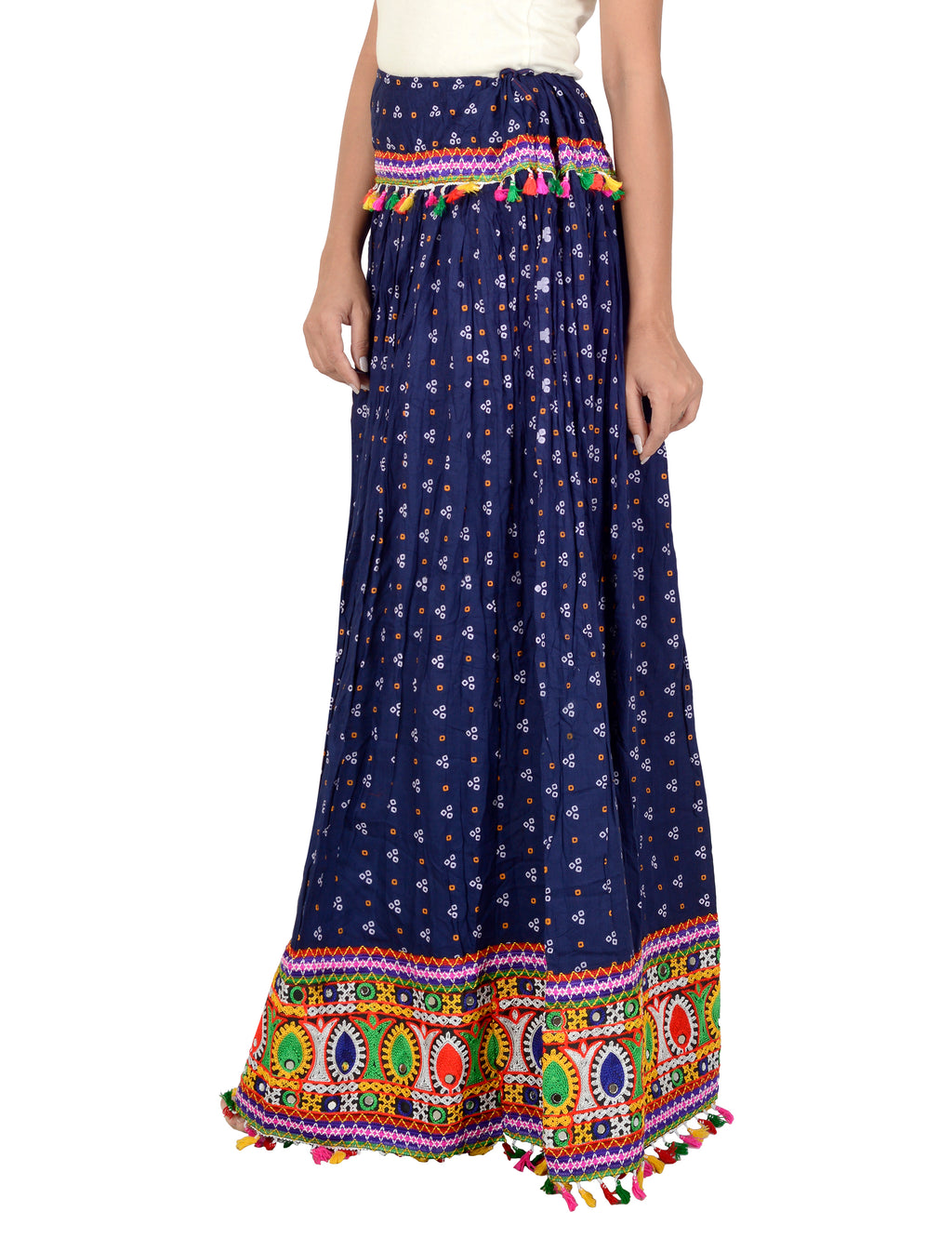 Bandhani Print & Kutchi Embroidered Border Rayon Skirt/Chaniya - BandhaniSkirt-NavyBlue